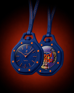 Cradle Adapter V1 Cobalt Orange — full assembly on host watch